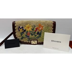 NWT BRAHMIN Le Jardin Collection Sandrine Straw Clutch - Natural w/Floral Accent